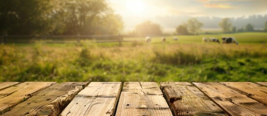 Poster - A wooden table set against a backdrop of a blurred grass field and dairy farm, ideal for showcasing food, drinks, or healthcare items, embodying the concept of producing organic fresh milk, with a