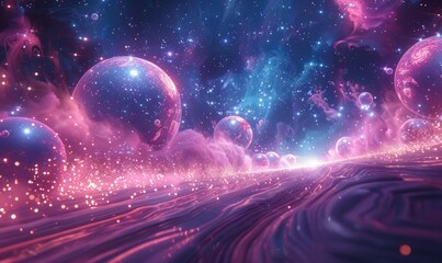 Wall Mural - Ethereal cosmic landscape with glowing orbs and light streams