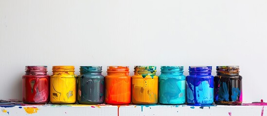 Aufkleber - Colorful gouache and acrylic paint jars set against a white backdrop, perfect for a copy space image.