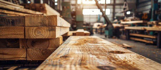 Poster - Wooden boards on benches in a woodworking shop with machinery, offering copy space image.