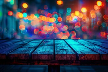 Empty wooden table with neon light bokeh background, night view, blurred bokeh lights background. Generative ai