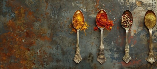 Poster - Toned background featuring ancient melchior spoons with spices on metal surface for a copy space image.