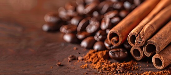 Poster - Closeup shot of aromatic coffee beans intertwined with cinnamon sticks against a background with ample copy space image.