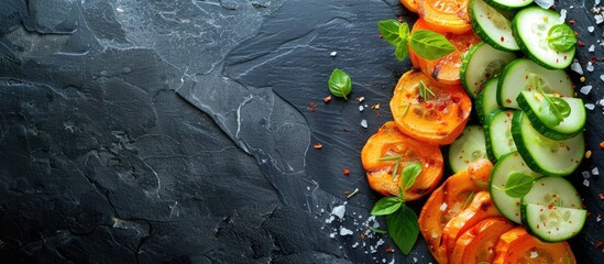 Aufkleber - Aerial view of salted fresh vegetable slices on a black background, featuring copy space for inserting images.