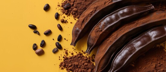 Aufkleber - Top view of carob beans and powder on a yellow or brown background with room for text or adding images. Copy space image. Place for adding text and design