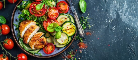 Poster - Healthy food option comprising a chicken cutlet served alongside a zucchini and tomato salad, viewed from the top with copy space image.