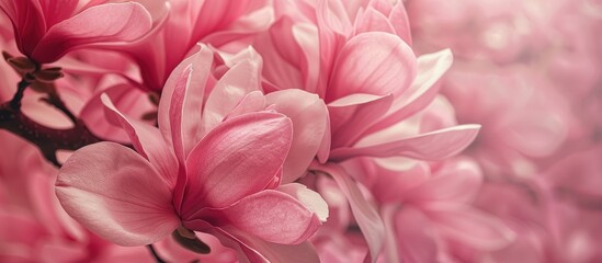 Wall Mural - Pink magnolia flowers blooming in spring in Uzhgorod, showcasing large pink petals up close with a copy space image.