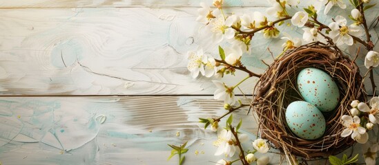Fototapete - Easter egg displayed in a rustic nest surrounded by spring blossoms on a white wooden backdrop with copy space image.