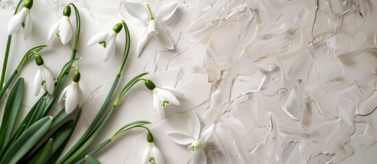 Aufkleber - Top view of spring snowdrops and paper as a text background for a holiday card with copy space image.