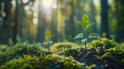 Canvas Print - Serene Sapling Basking in Soft Morning Forest Light Representing Growth and Potential