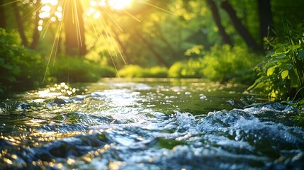 Wall Mural - Crisp Clear Stream Flowing Through Verdant Landscape with Sunlit Water and Promise of New Beginnings