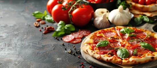 Poster - Delicious Italian pizzas with a variety of traditional meats like salami, on a hot background with copy space image.