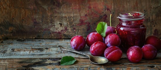 Aufkleber - Ripe plums with leaves placed on an antique wooden desk beside a glass jar of freshly prepared plum jam with a spoon, all set against a textured rustic wooden table. Includes copy space image.