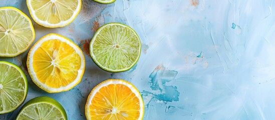 Poster - Fresh lemon and lime slices displayed on a light table with kitchen wooden top, creating a vibrant copy space image.