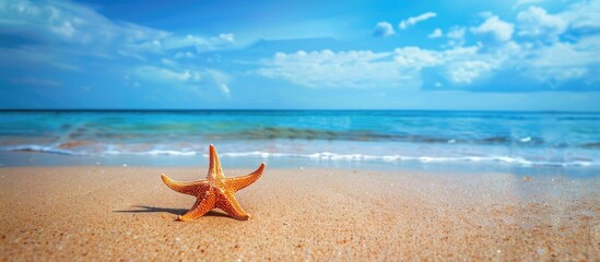 Aufkleber - Starfish lying on the sandy shore with vast blue sea and clear skies in the background, creating a picturesque scene with copy space image.