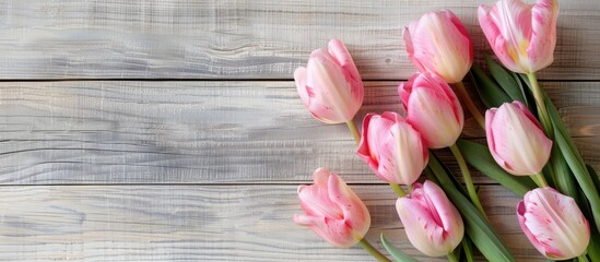 Poster - Mother's Day postcard template featuring pink tulips on a light wooden table offering copy space. Adorned with birthday greetings for a women's holiday celebration.