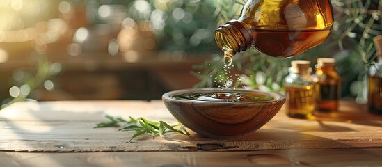 Poster - Pouring tea tree oil from a bottle into a bowl on a table, with an area available for adding text in the image. Copy space image. Place for adding text and design