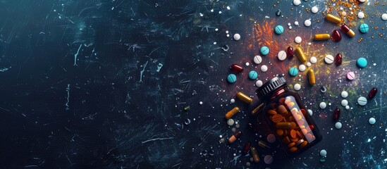Aufkleber - Various pills, tablets, and capsules of pharmaceutical medicine alongside a bottle on a dark backdrop, offering a spacious area for including text with the image. Copy space image