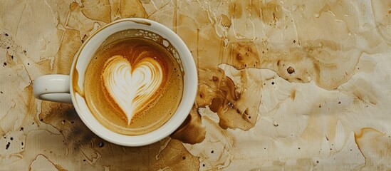 Poster - Heart-shaped coffee stain in cup with copy space image.