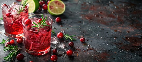 Wall Mural - Two glasses of a refreshing red cranberry and lime cocktail with rosemary and ice on a dark background with copy space image.