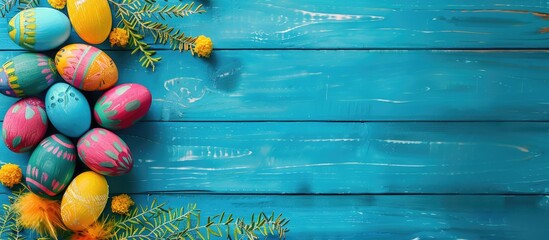 Wall Mural - Colorful wooden Easter eggs decorated with feathers and mimosa, displayed on a blue wooden backdrop from a top-down perspective, providing ample space for additional content.