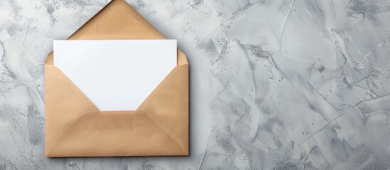 Leinwandbilder - Top view of a blank sheet in an open envelope on a grey backdrop with copy space image.