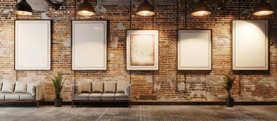 Aufkleber - Modern art gallery displaying frames with blank canvases on a brick wall, providing copy space image for design.
