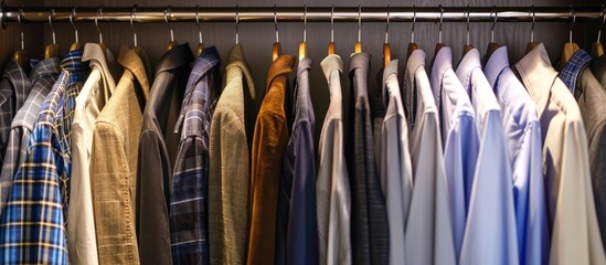Poster - Close-up image of clothes on hangers in wardrobe with copy space image.