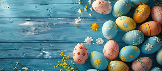 Aufkleber - Top view of Easter eggs displayed on a blue wooden surface, with ample copy space in the image.
