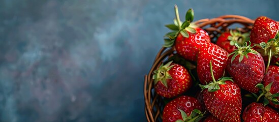 Wall Mural - A close-up image featuring a basket of fresh strawberries on a horizontal background with copy space.
