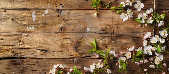 Wall Mural - Spring blossoms decorate a rustic wood background with a wooden board mock-up showcasing copy space image.