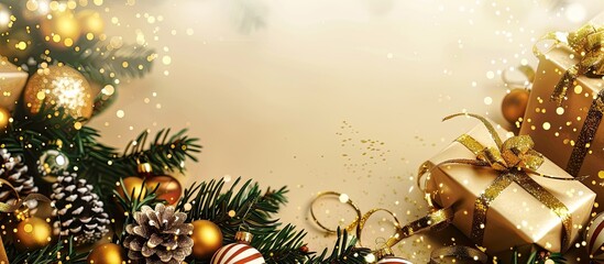 Poster - Festive New Year banner featuring Christmas gift boxes, golden ornaments, and a khaki background with ample copy space image.