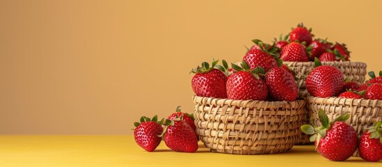 Wall Mural - Handwoven baskets displayed next to ripe strawberries in a copy space image.