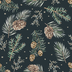Wall Mural - christmas seamless pattern, cones, green pine, fir twigs, black night background with stars. vector 