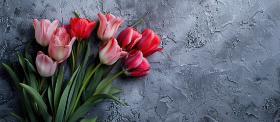 Sticker - Stylish floral bouquet of tender pink and red tulips arranged on a grey stone background with copy space image. Perfect for celebrating Valentine's Day and Mother's Day.