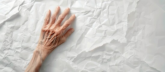 Wall Mural - An elderly woman's hand aggressively crumples white paper against a plain white backdrop, displaying frustration. The scene is ideal for a copy space image.