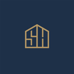 Wall Mural - SH or S & H monogram logo in gold house shape - outline style.