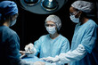 © Seventyfour - Waist up portrait of surgical team performing operation in hospital with female surgeon putting tool in dish with dramatic blue light copy space