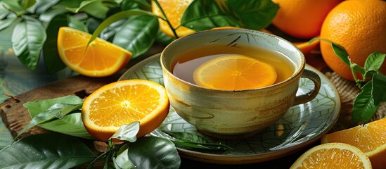 Poster - Modern-style photograph of orange tea in a ceramic pot with fresh fruits, set against a backdrop of green citrus leaves. Focus on the tea, with room for additional imagery.