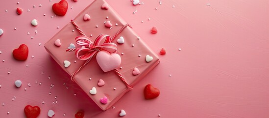 Sticker - A pink background hosts a gift box sealed with tape, adorned with hearts, and candy, offering ample copy space for customization in the image.