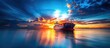 © Ilgun - A container cargo ship on the ocean at sunset with a blue sky background offers excellent copy space for a nautical vessel, reflecting international business logistics in import-export transportation.