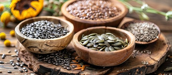 Wall Mural - Seeds commonly used for their nutritional benefits and potential health advantages, often featured in recipes and holistic wellness content with a versatile nature. Copy space image