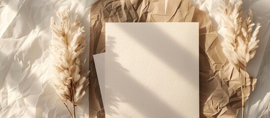 Poster - Boho-style arrangement with a white paper card, dry pampas grass, and crumpled kraft paper backdrop. Invitation mock-up in a flat lay composition viewed from the top with hard light and shadows,