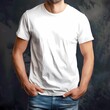 © Stockpics - White shirt wearing man mockup. Generative art ai.
