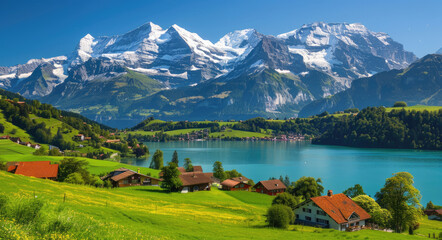 Wall Mural - A picturesque view of the Swiss Alps, with lush green meadows and small wooden houses nestled along them