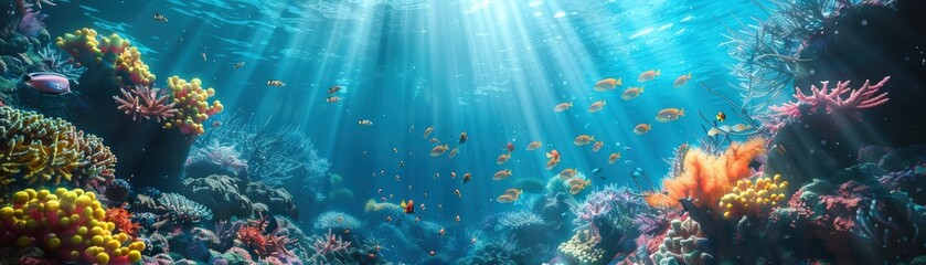 Vibrant underwater coral reef scene with colorful fish and sunlight streaming through clear blue water, showcasing marine beauty.