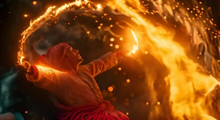 Wall Mural - Fire show with a male master fakir performing with flames, including LED light effects, outdoors in the dark.