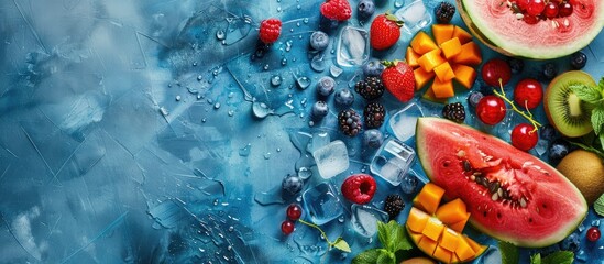 Poster - A variety of fresh fruits like melon, watermelon, and berries, along with ice cubes, displayed on a blue stone surface with space for text and a copy space image.