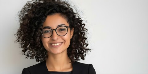 Portrait of a cheerful young woman with curly hair and glasses on a white background. Concept Portrait Photography, Cheerful Expression, Curly Hair, Glasses, White Background