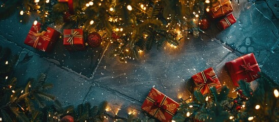 Canvas Print - An aerial perspective of gift boxes placed under a festive tree surrounded by twinkling lights, and room for a text or image. Copy space image. Place for adding text and design